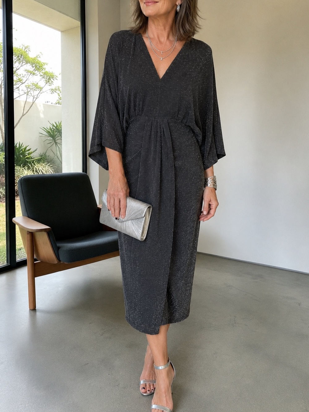 NWT Metallic Sparkle V-Neck Midi Dress in Charcoal Gray V plunge neckline Sz S